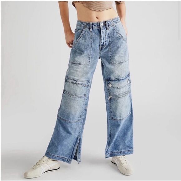 Free People CRVY Under Construction Utility Cargo Baggy Jeans - Picture 1 of 16